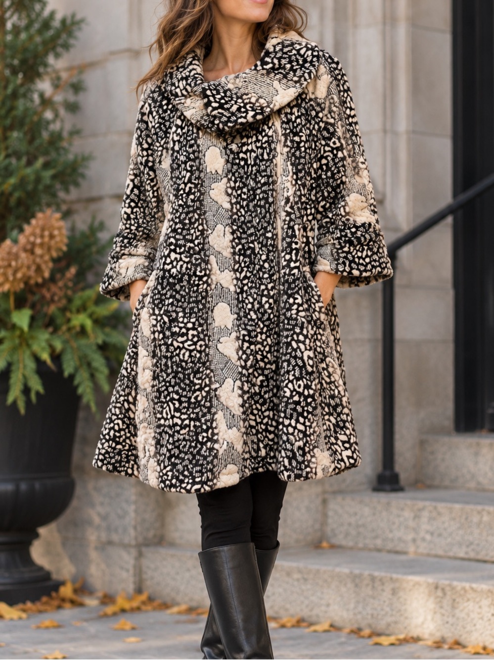 Joseph Ribkoff Textured Black Ivory Swing Coat Cowl Collar Size 12